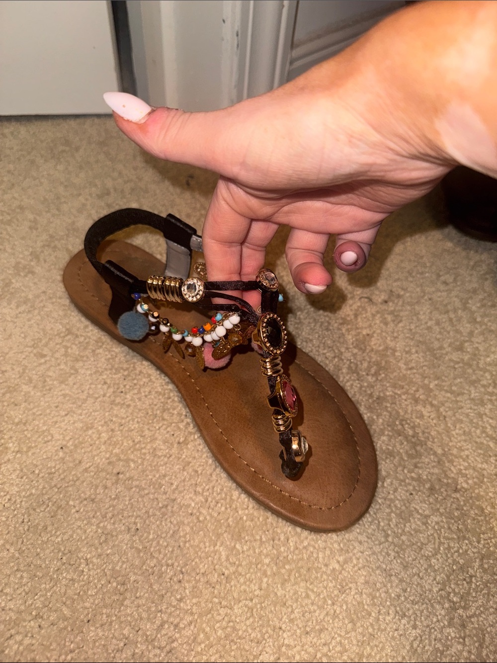 Liliana Brown T-Strap Sandals with Multicolor Bead Accents